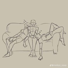 a drawing of two people sitting on a couch and one person standing next to them