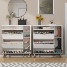 a shoe rack with shoes and purses on it in front of a wall mounted mirror