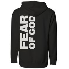 a black hoodie that says fear of god on the chest and white letters across it