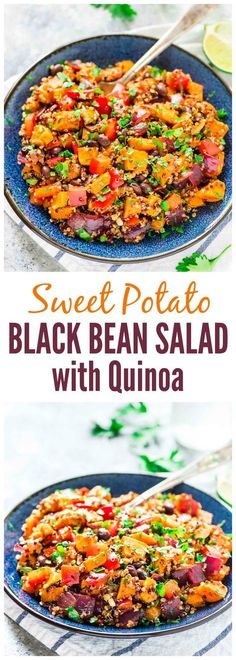 sweet potato and black bean salad with quinoa in a skillet on a table