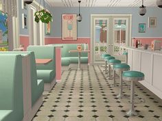 the interior of a restaurant with pastel colors