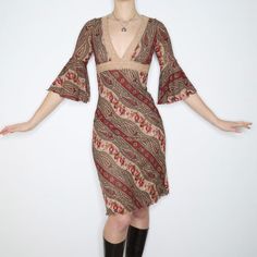 Y2K Boho Paisley Mesh Midi Dress (S/M) Tan Crochet, Mesh Midi Dress, Boho Paisley, Low Rise Flare Jeans, Y2k Boho, The 2000s, Crochet Trim, Small Bust, Flared Sleeves