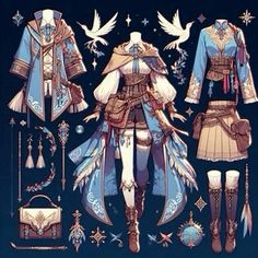 an anime character is dressed up in blue and white outfits with wings, boots, and bags