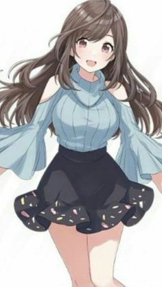 an anime character with long hair wearing a blue shirt and black skirt, standing in front of