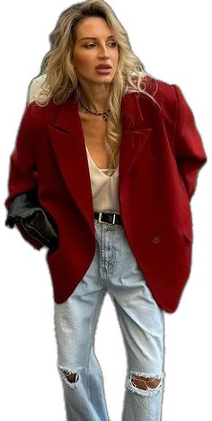 Casual Red Blazer With Buttons, Red Double Button Blazer, Red Double Button Closure Blazer, Casual Red Button-up Blazer, Red Button-up Blazer For Fall, Red Blazer, Long Sleeve Blazers, Autumn Winter, Blue Denim