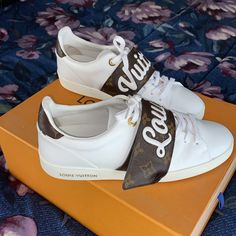 Very Stylish Low Cut 2 Tone White Louis Vuitton Sneakers. The Bottom Of The Shoe Was Made That Color. They Come With A Brand New Pair On Shoe Stings From Louis Vuitton.The Top Piece (Which Is A Strap) On Each Shoe (Louis On 1) ( Vuitton On The Other) Is Adjustable. Wore Them Like 5 Times, They Have A Crease In The Front Of Them From Not Wearing A Shoe Crease Protector, But Still In Good Condition. U Can Add A Crease Protector To Make Them Back Like New Again Crease Protector, Louis Vuitton White, Louis Vuitton Sneakers, White Louis Vuitton, Louis Vuitton Shoes, Low Cut, On Shoes, Womens Shoes Sneakers, Low Top