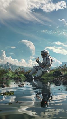 an astronaut is sitting on the edge of a body of water