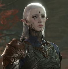 an elf with white hair and piercings standing in front of trees