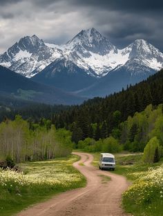 a van driving down a dirt road in front of snow capped mountain range with green grass and wildflowers