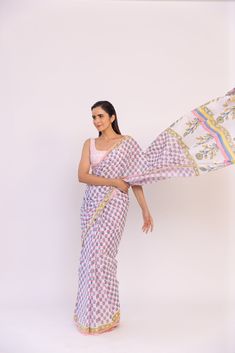 Featuring a powder lilac block printed pre-stitched saree in cotton base. It is paired with a round sqaure neckline blouse. Color: MULTICOLOR FABRIC: COTTON Delivery time 15 to 20 days Block Printed Saree, Look Wide Leg, Stitched Saree, Block Print Saree, Pink Wrap, Pop Up Event, Printed Saree, Thread Work, Work It