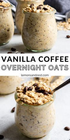 vanilla coffee overnight oats in small glass jars with chocolate chips on the side and text overlay that reads vanilla coffee overnight oats