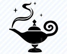 a black and white silhouette of a teapot with steam coming out of it's top