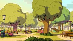 a cartoon park with benches and trees