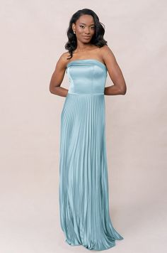 Model: April; Size: 4; Color: Light Blue Satin Pleated Dress, Elevated Wedding, Floral Satin Dress, Pleated Satin Dress, European Garden, Pink Summer, Here Comes The Bride, Bra Cups, Fold Over