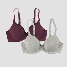 Beauty by Bali Women's 2pk T-Shirt Bras B202 is a beautiful soft comfort T-shirt bra that comes in a 2-pack so you can have double the comfort! With a unique shaped 2-ply back, this bra was specially designed to provide back smoothing and no-slip straps. This bra also features a banded frame to help the bra stay in place and provide additional support. Size: 38D. Color: Gray Melange/Fig. Gender: female. Age Group: adult. Pattern: Solid. Material: Cotton. Bali Women, Velvet Bra, Skater Outfits, Comfy Bra, Vs Bras, Cute Bras, Cotton Bras, Healthy Routine, Perfect Bra