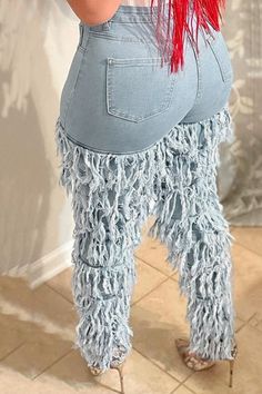 Fitted Denim Bottoms With Fringe, Trendy Denim Blue Bottoms With Fringe, Trendy Fitted Fringe Jeans, Fitted Cotton Bottoms With Fringe, Denim Blue Fringe Jeans, Casual Denim Blue Jeans With Fringe, Denim Blue Jeans With Fringe, Denim Blue Fringe Bottoms, Denim Blue Bottoms With Fringe In Denim Material