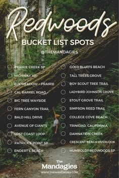 the redwoods bucket list is shown in this image