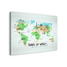 a world map with the words travel the world written in black and green on it