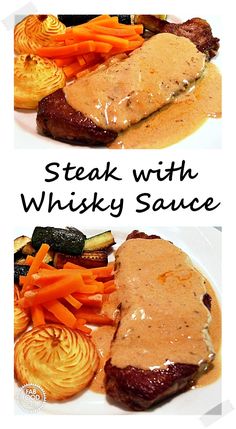 steak with whisky sauce and carrots on a white plate, side by side