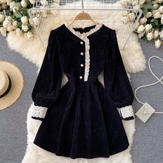 Vintage corduroy dress, lace stitching, little black dress with bubble sleevesMaterial:blendedColor:blackStyle:vintageFeatures:lace,bubble sleeveSize(CM):M,L,XL1inch=2.54cmM:length 85 sleeve 60 bust 90 waist 70&ltp&gtL : length 86 sleeve 61 Bust 94 waist 74</p>&ltbr/>&ltp&gtXL:length 87 sleeve 62 bust 98 waist 78</p>&ltbr/>&ltp&gtAll items will arrive in about 20-25 business days, if you have an emergency, please contact us to upgrade logistics.& Black Lace Trim Winter Dress, Black Lace Trim Dress For Winter, Black Dresses With Lace Sleeves For Winter, Black Lace Sleeve Dresses For Winter, Black Long Sleeve Dress With Lace Collar, Black Fall Dress With Lace Cuffs, Black Long Sleeve Dress With Lace Cuffs, Black Fall Dresses With Lace Cuffs, Vintage Black Puff Sleeve Dress