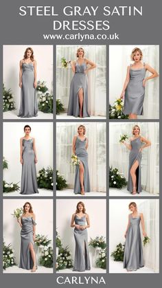 a collage of photos showing the different styles of dresses worn by women in grey