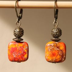 Orange Earrings Imperial Jasper Earrings Gem by NtikArtJewelry Czech Glass Earrings With French Hook For Gift, Adjustable Lever Back Jewelry Gift, Adjustable Lever Back Jewelry As A Gift, Red Bohemian Rectangular Earrings, Bohemian Red Rectangular Earrings, Red French Hook Earrings As Gift, Red French Hook Earrings For Gift, Gift Red French Hook Earrings, Red Clip-on Earrings As Gift