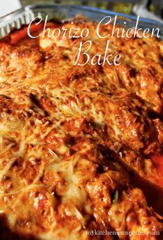 a close up of a casserole in a pan with the words cheesy chicken bake