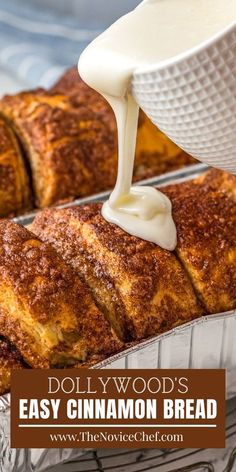 homemade cinnamon bread being drizzled with white icing