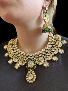 Gold plated bridal high end Polki necklace with earrings foil Polki used meenakari work Formal Kundan Jewelry With Zari Work, Formal Bridal Necklace With Meenakari Chandbali, Formal Bridal Kundan Necklace With Meenakari, Formal Chandbali Jewelry With Zari Work, Formal Kundan Bridal Necklace With Meenakari, Gold-plated Bridal Necklace With Meenakari, Gold-plated Meenakari Bridal Earrings, Lightweight Polki Necklace, Elegant Gold-plated Meenakari Jewelry Sets