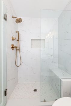 a walk in shower sitting next to a toilet