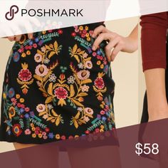 💕💕Cotton blend embroidered skirt JUST ARRIVED!! Beautiful embroidered black cotton blend skirt. This skirt is super cute!! Great to wear now or with boots in the Fall!💕💕 Skirts Mini Fitted Embroidered Black Mini Skirt, Black Skirt With Floral Embroidery, Fitted Embroidered Mini Skirt, Black Floral Embroidered Skirt, Embroidered Black Mini Skirt For Spring, Fitted Embroidered Fall Skirt, Embroidered Fitted Skirt For Fall, Fitted Embroidered Skirt For Fall, Embroidered Skirt