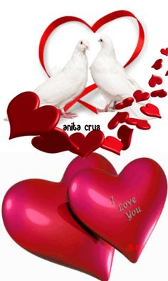 two white doves sitting on top of hearts with the words i love you written below them