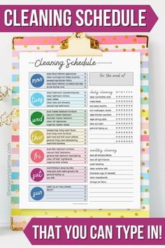 a cleaning schedule hanging on a bulletin board with the words, cleaning schedule that you can type in