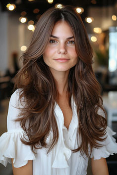 Long brown hair with a rich, glossy finish. Long Brown Hair, Brown Shades