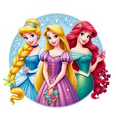 the three princesses are standing together in front of a blue and white circular frame