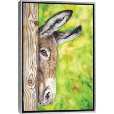 a watercolor painting of a donkey peeking out from behind a wooden fence with green grass in the background