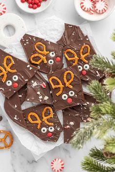 chocolate pretzels decorated to look like reindeers