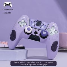 a close up of a nintendo wii game controller with the text, come with it controller skin + customized sticker 1 pair of thumbs grips