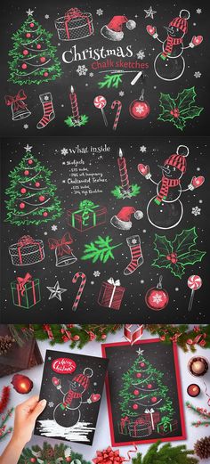 christmas chalkboard drawings are shown on the table