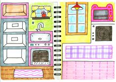 a drawing of a kitchen in a notebook