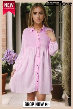 Pink Patchwork Crinkle Puff Sleeve Shirt Dress Pink Patchwork, Loungewear Dresses, Puff Sleeve Shirt, Dress Shirt Sleeves, Stylish Clothes For Women, Stylish Dresses, Women's Fashion Dresses, Pink Dress, Shift Dress