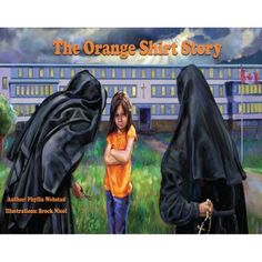 the orange shirt story book cover shows two women in black robes, one with her arms crossed