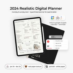 a tablet computer sitting on top of a table next to a phone and paper with the text, realistic digital planner