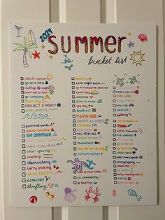 a summer bucket list hanging on a door with the words summer written in it and colorful doodles