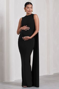 Allora | Black High-Neck Sleeveless Cape Maternity Maxi Dress Black Formal Maternity Dress, Midi Bridesmaid Dress, Maternity Black Dress, Concert Dresses, Club L London, Cocktail Dress Formal, Maternity Maxi Dress, Maternity Midi Dress, Sleek Bun