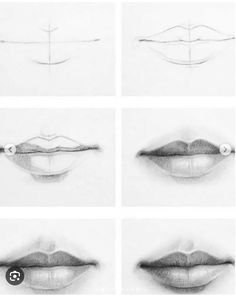 six images of lips with different angles and lines drawn on the bottom one is black and white