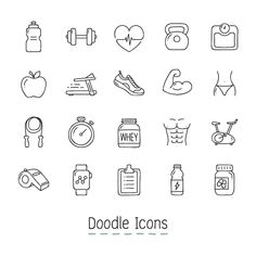 the outline icons are shown in black and white, including an apple, water bottle, gym