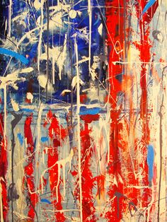 an abstract painting with red, white and blue colors on the bottom right hand corner