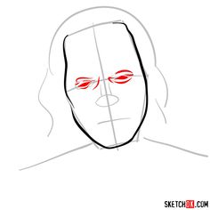 a drawing of a person's face with red eyes