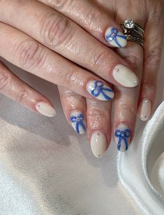 #nails #nailart #nailsofinstagram #naildesign #nailstagram #nailtech #bow #coquette Blue Bow Nails, Blue Coquette Nails, Blue And White Nail Art, Esthetician Student, White Short Nails, Bow Nails, Blue And White Nails, Bow Nail Art, Royal Blue Nails